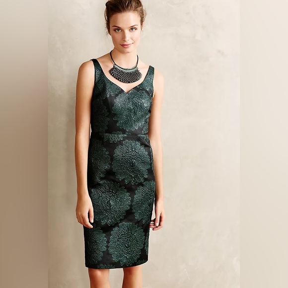 Anthropologie Emerald Green Hidden Blooms Sheath Dress Sz 6 - Picture 4 of 13